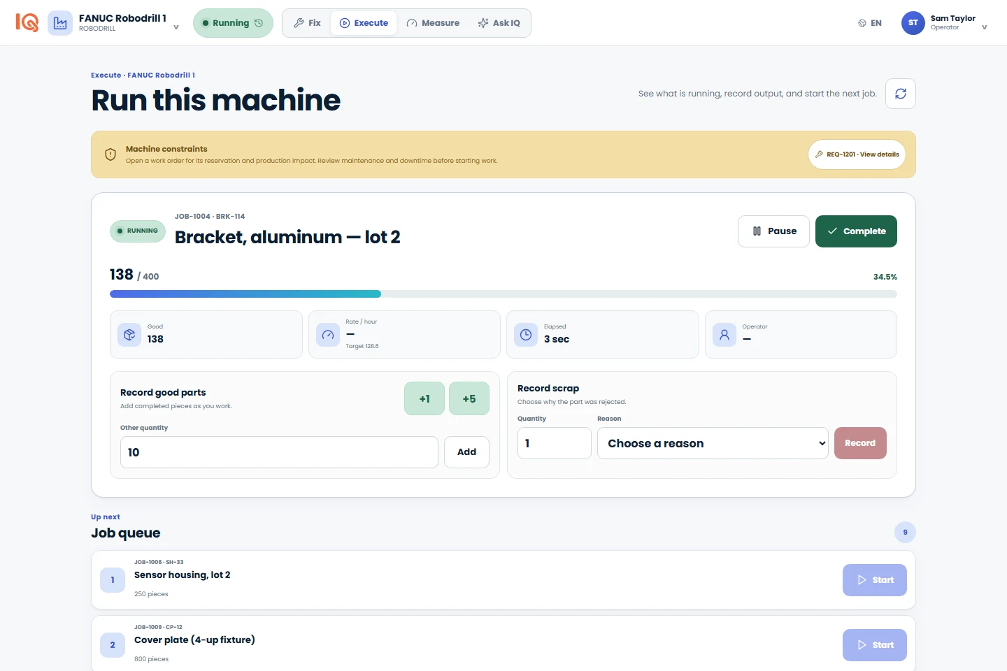 Operator workspace populated with demonstration production jobs