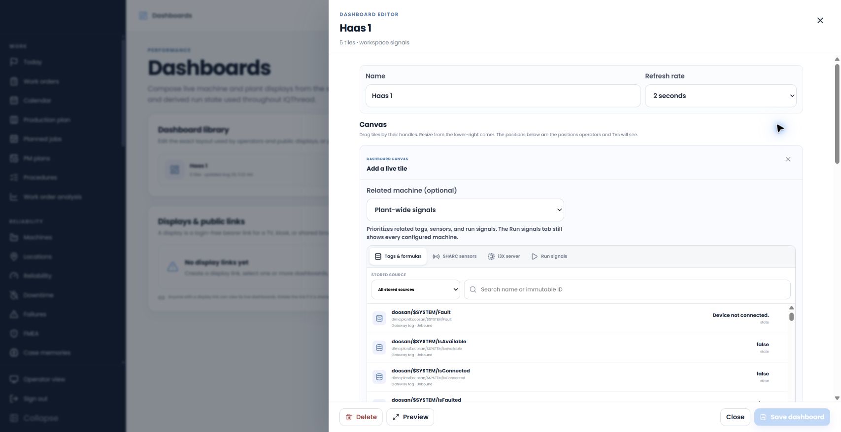 The IQ Thread dashboard signal browser with live source tabs for stored tags and formulas, SHARC sensors, i3X servers, and configured machine run signals.