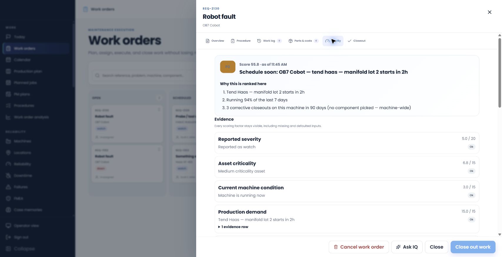 IQ Thread work-order priority brief explaining its recommendation from reported severity, asset criticality, current condition, production demand, and visible evidence.