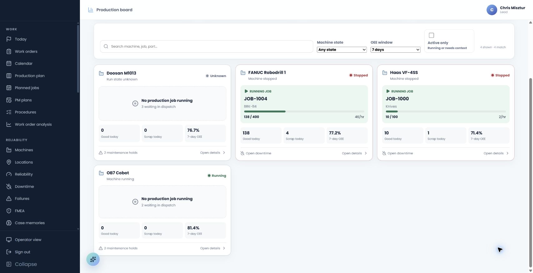 The IQ Thread production board showing machine state, running jobs, good and scrap counts, production rate, seven-day OEE, downtime, and maintenance holds together.