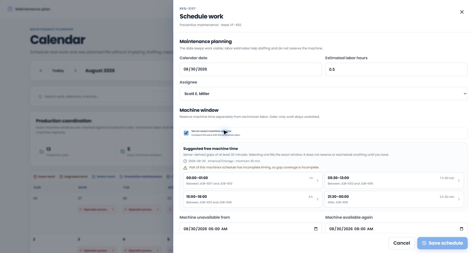 The IQ Thread maintenance scheduling drawer showing server-verified free machine-time gaps around production jobs and exact machine-window controls.
