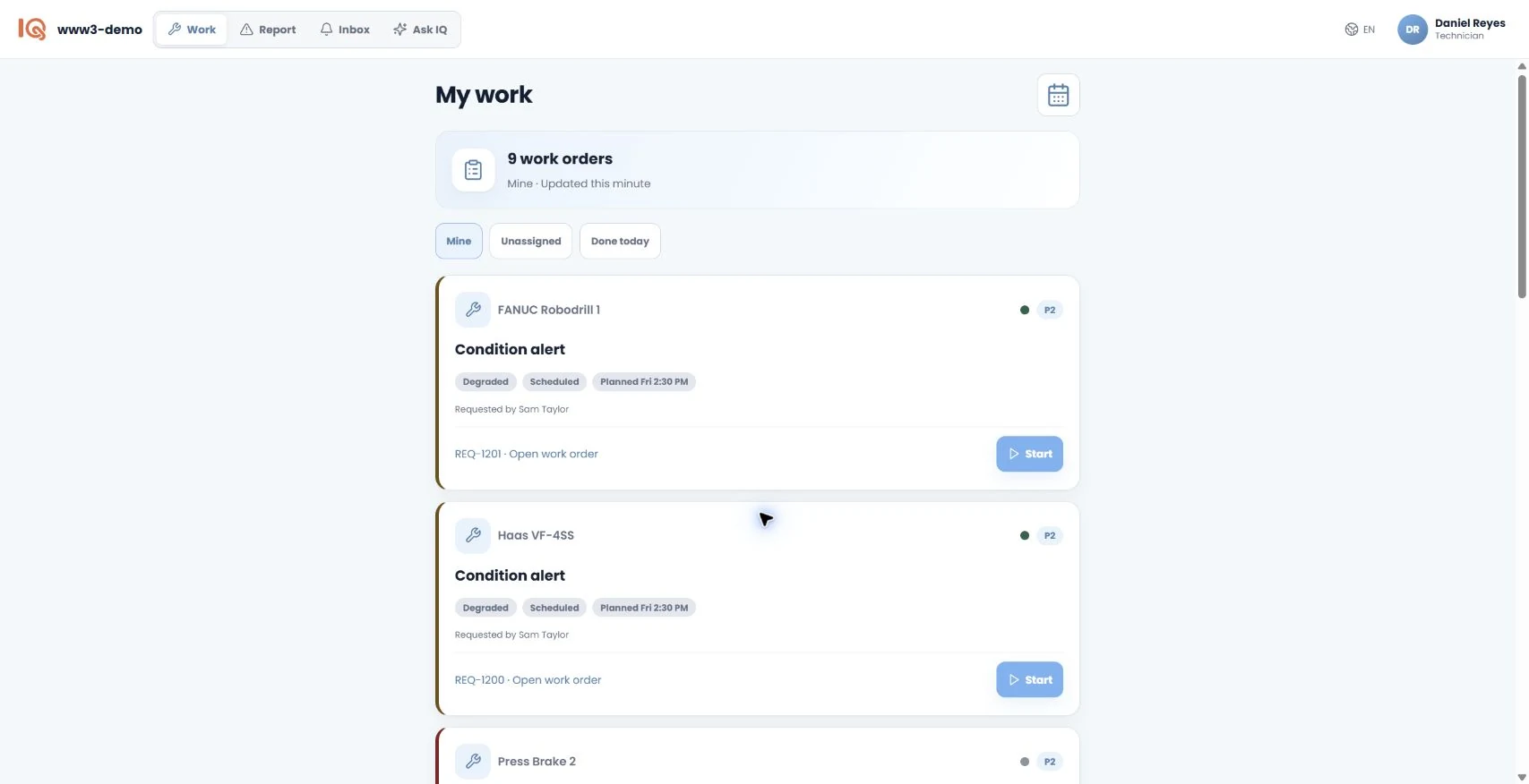 Technician app with seven assigned demonstration work orders